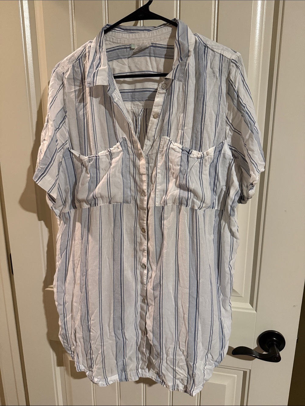 Super Soft Semi Sheer Shimera White and Blue Striped Button Front Sleep Shirt